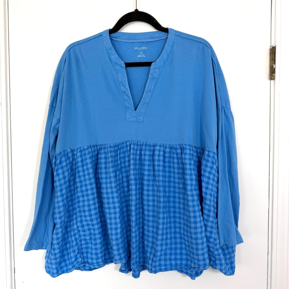 Pilcro Anthropologie Blue Gingham Mixed Media Tiered Tunic Top XS Long Sleeve